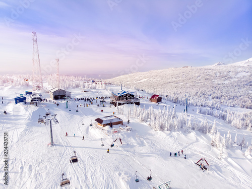 Sheregesh, Kemerovo, Russia, Aerial view drone mountains and forest,
