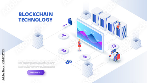 Blockchain and cryptocurrency design concept with people. Isometric vector illustration. Landing page template for web.