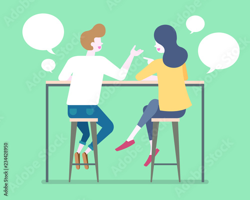 Flat style couple talking to each other on bar stools with chat bubble illustration