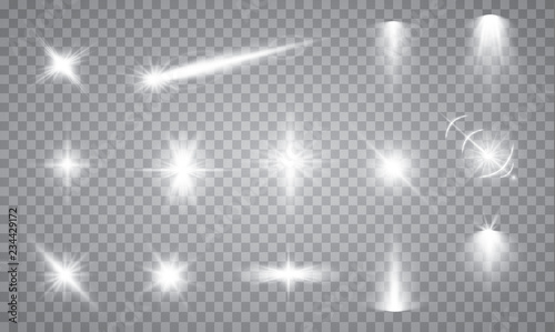 Glow isolated white transparent light effect set  lens flare  explosion  glitter  line  sun flash  spark and stars. Abstract special effect element design. Shine ray with lightning