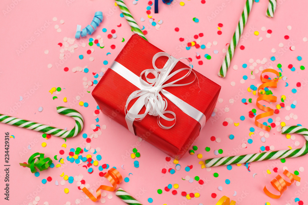 gift box with various party confetti, streamers and decoration gift box with various party confetti, streamers and decoration