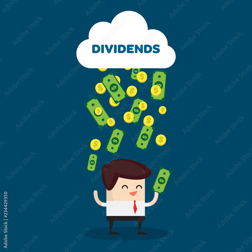Happy character under a cloud of raining money Happy character under a cloud of raining money