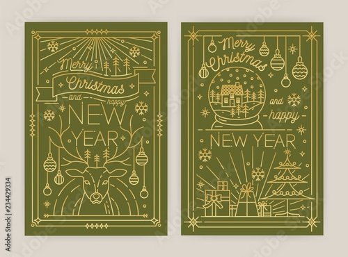 Set of vertical Christmas and New Year greeting card or postcard templates with holiday wishes and traditional decorations drawn with contour lines on green background. Modern vector illustration.