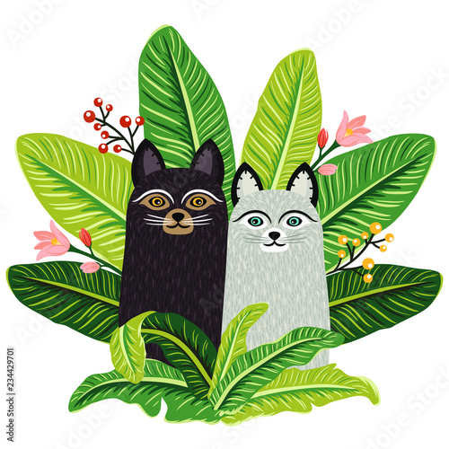 Two cute cats sitting among greenery. Summer pattern with fluffy kitten and tropical leaves. Vector cat art