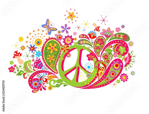 Psychedelic t shirt print with hippie peace symbol, fly agaric, colorful abstract flowers and paisley