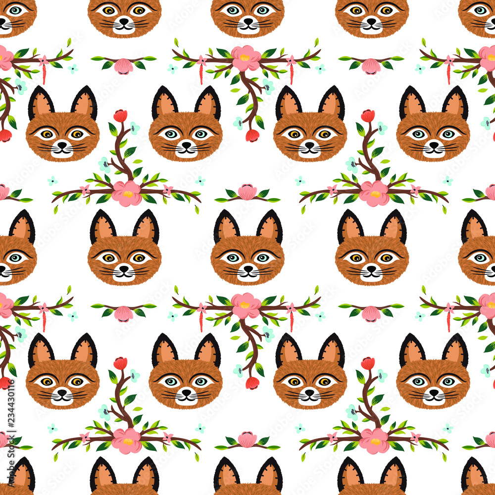 Seamless pattern with cute fluffy cats and flowers. Hand drawn funny kitten faces texture. Adorable animal print with floral elements. Vector cat art