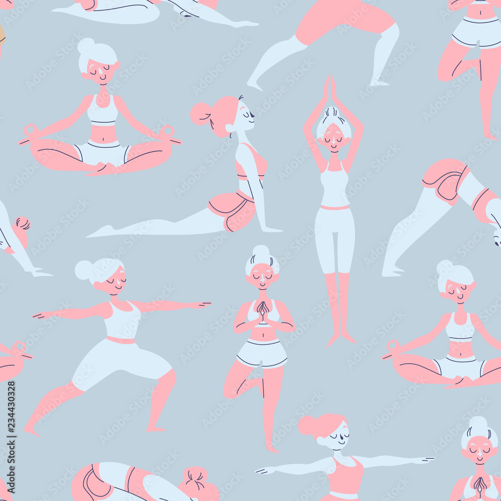 Vector Yoga Poses Seamless Repeat Pattern. Hand Drawn Vector Background.