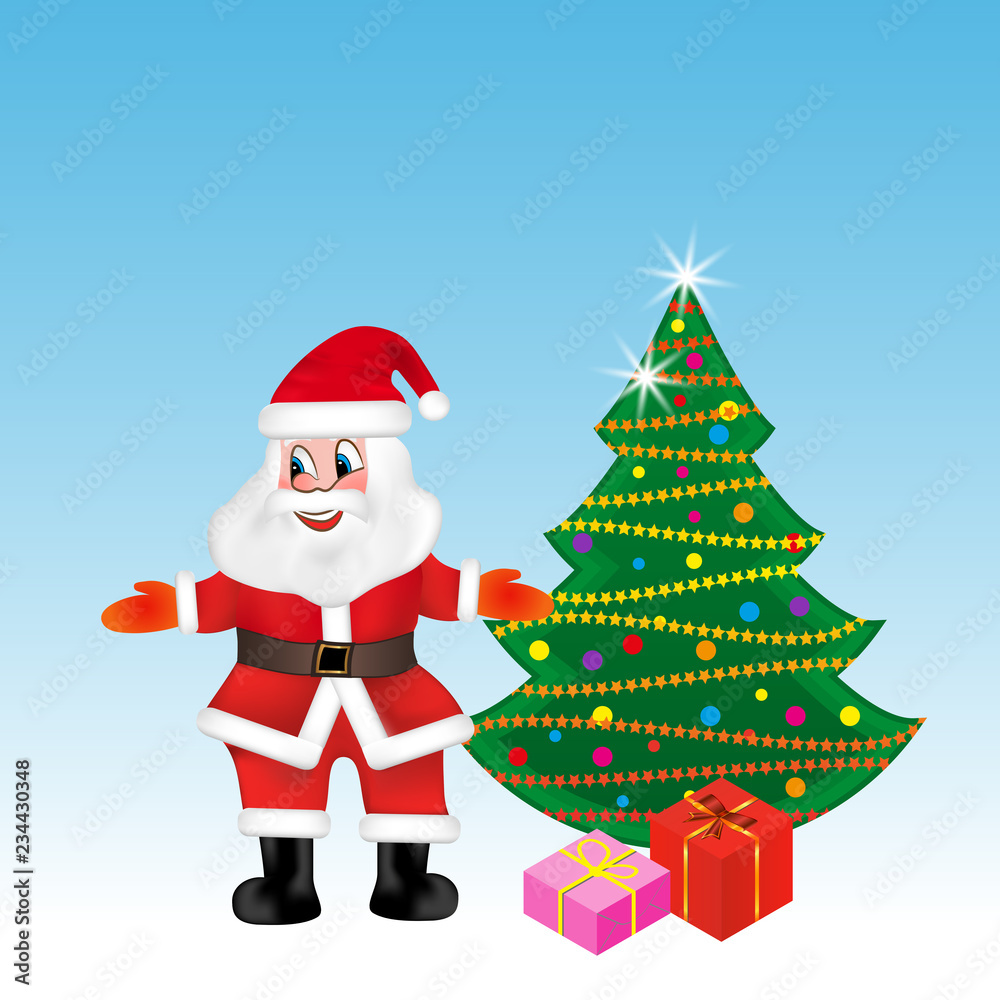 Santa Claus stands near the Christmas tree in a welcoming pose. Vector illustration.