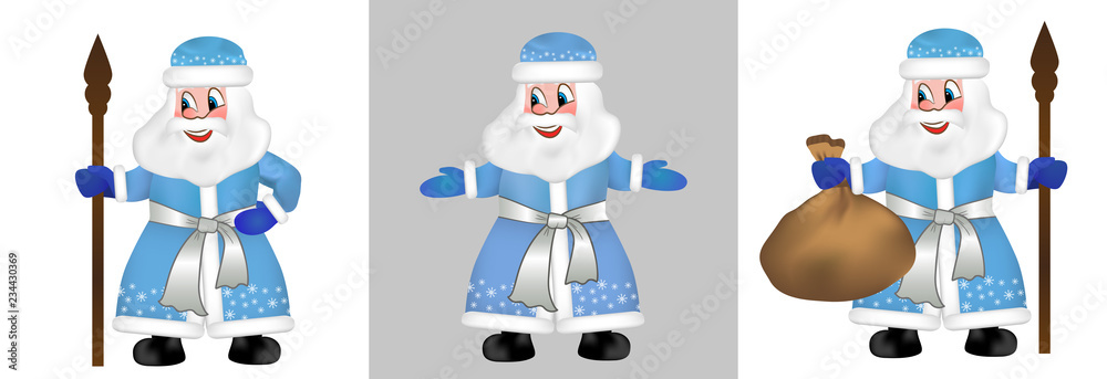 Fototapeta premium Set Russian Santa Claus or Father Frost also known as Ded Moroz in blue fur coat. Saint Nicholas, Saint Nick, Kris Kringle isolated. Funny New Year characters. Vector Illustration.