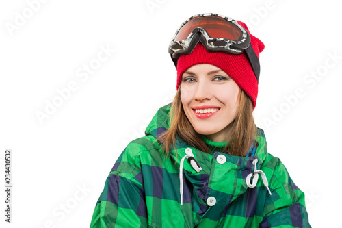 Active young ski woman portrait wearing winter clothing isolated over white © HotPhotoPie