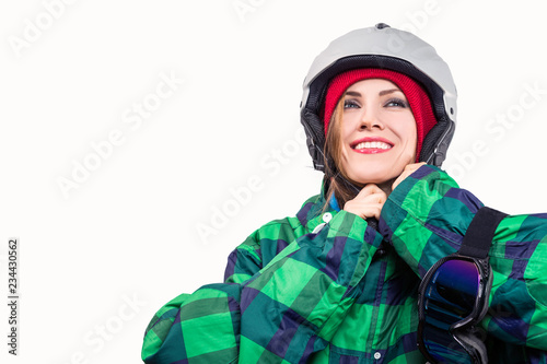 Active young ski woman portrait wearing winter clothing isolated over white