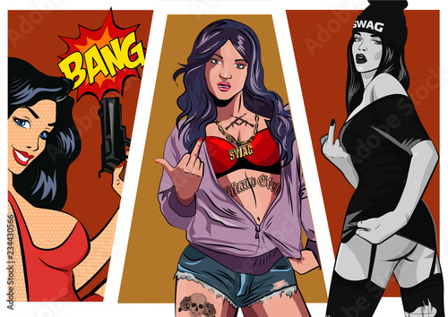 Gangster girl. Pretty Young Urban Girl set. Lady Vector artwork. Pop Art comic style.