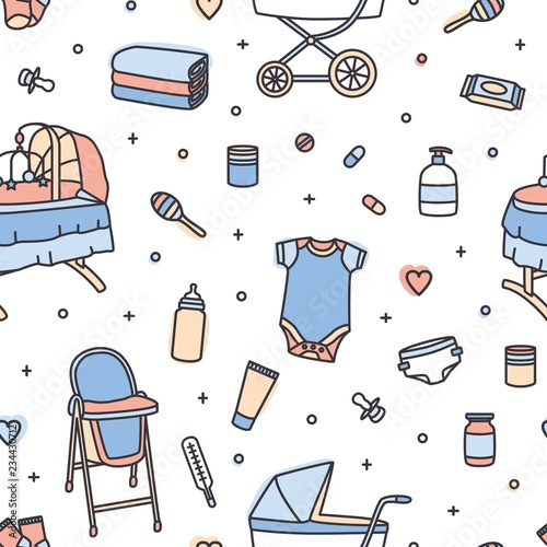 Seamless pattern with infant care products, nursery supplies, toys