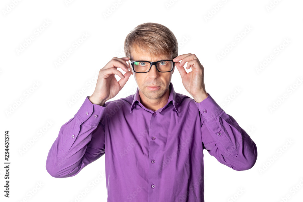 Serious middle age man with glasses on white background. Stylish man wearing glasses, looking at camera Serious middle age man with glasses on white background. Stylish man wearing glasses, looking at camera