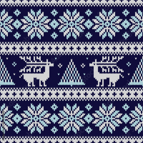 Seamless knitting pattern with snowflakes, deer, fir and other winter elements. Blue Christmas sweater design in the scandinavian style. Vector knitted texture