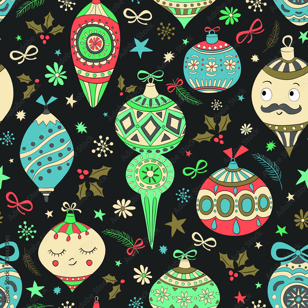 Seamless Christmas pattern. Set of hand drawn Christmas tree decorations. Festive background with holiday elements in the childish style. Vector illustration