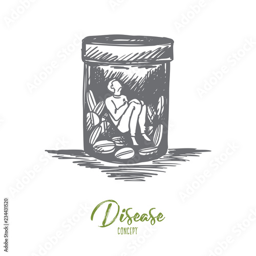 Painkiller, addiction, drugs, disease concept. Hand drawn isolated vector.