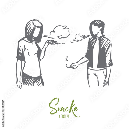 Vape, e-cigarette, girl, smoke concept. Hand drawn isolated vector.