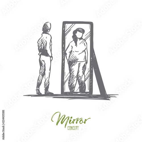 Girl, mirror, body, distorted, weight concept. Hand drawn isolated vector.