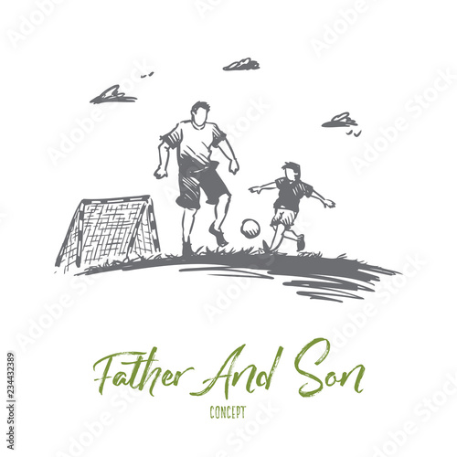 Father, football, son, play, parent concept. Hand drawn isolated vector.