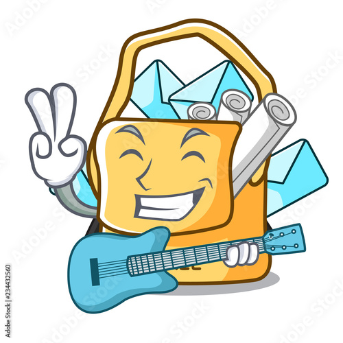 With guitar mail bag character on table front
