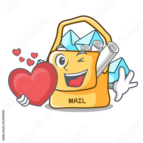 With heart mail bag character on table front