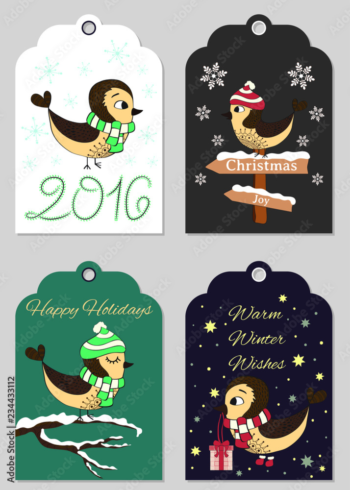 Fototapeta premium 4 Christmas gift tags with hand drawn birds. Set of printable holiday label, ready to use. Collection of New Year and Christmas pattern. Merry Christmas, Happy New Year design, vector illustration