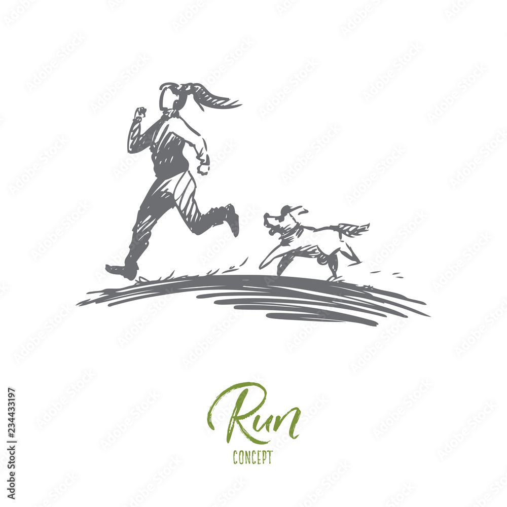 Girl, dog, run, sport, jogging concept. Hand drawn isolated vector.