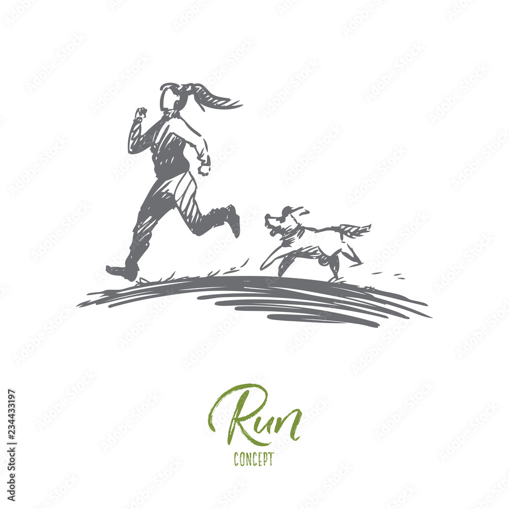 Fototapeta premium Girl, dog, run, sport, jogging concept. Hand drawn isolated vector.