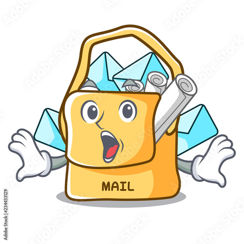 Surprised mail bag character on table front