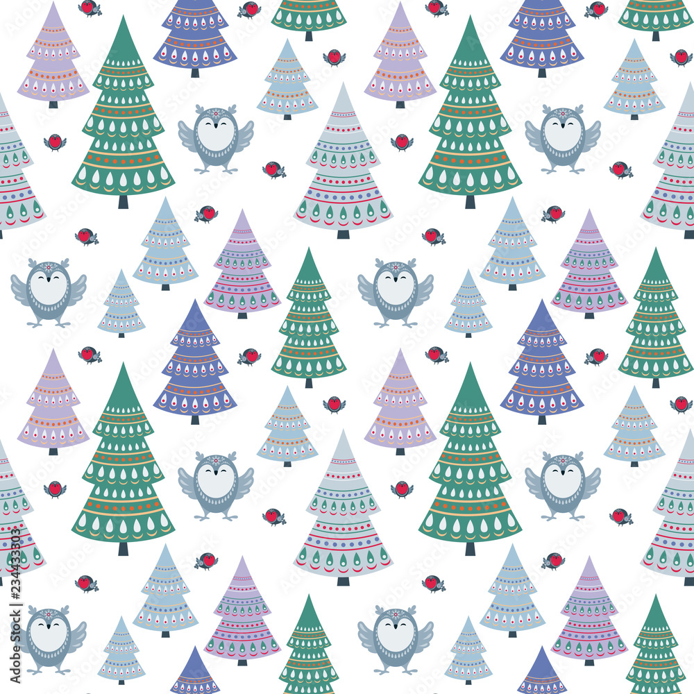 Christmas seamless pattern with cute animals. Childhood vector background in ethnic style.