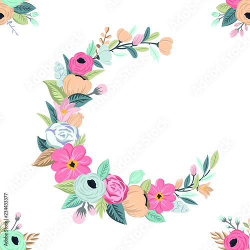 Seamless floral pattern with crescent moon and bouquet. Colorful moon decorated with flowers, leaves. Vector hand drawn blossom print