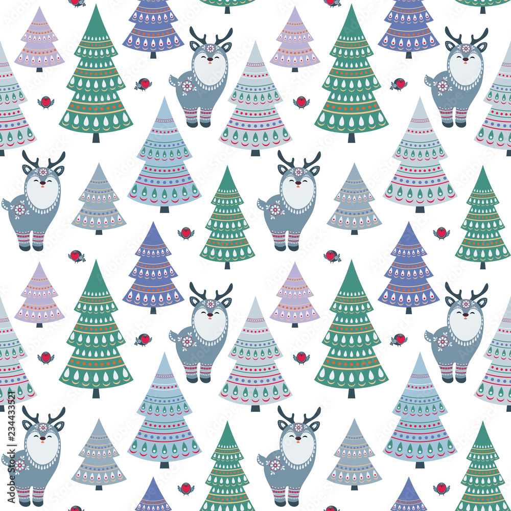 Christmas seamless pattern with cute animals. Childhood vector background in ethnic style.