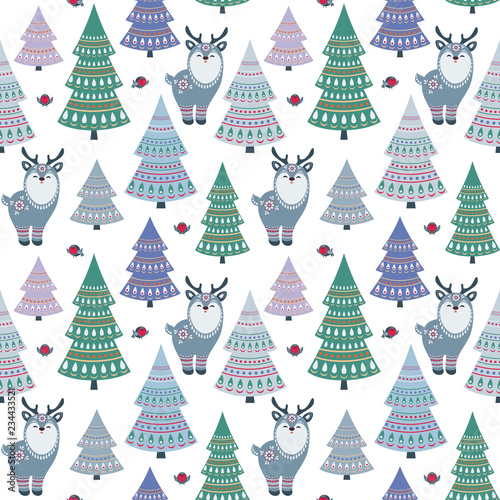 Christmas seamless pattern with cute animals. Childhood vector background in ethnic style.