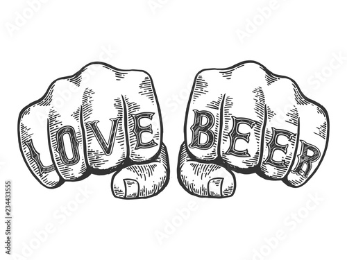 Love beer words tattoo on fists font engraving vector illustration. Scratch board style imitation. Black and white hand drawn image.
