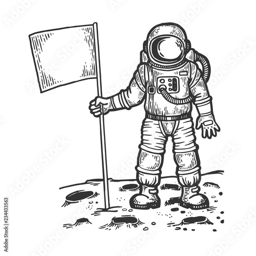 Astronaut spaceman on moon engraving vector illustration. Scratch board style imitation. Black and white hand drawn image.