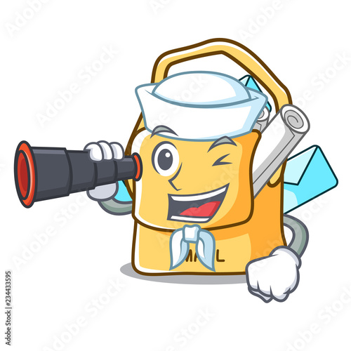 Sailor with binocular mail bag character on table front