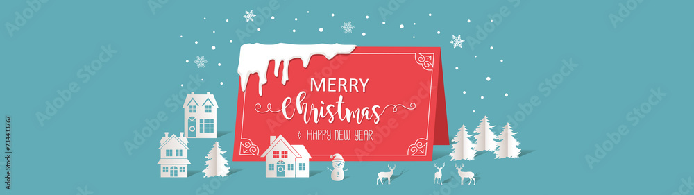 Merry Christmas and Happy New Year. Greeting card with paper art style concept.
