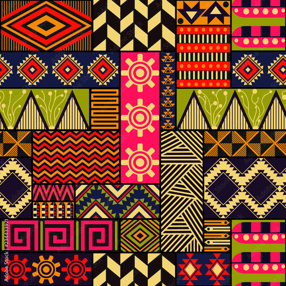 Seamless vector ethnic pattern. Repeating tribal texture. Boho fashion. Colorful geometric ornaments. Can be used for background, textile, coloring book, cover, gift wrap, graphic elements, etc - obrazy, fototapety, plakaty 