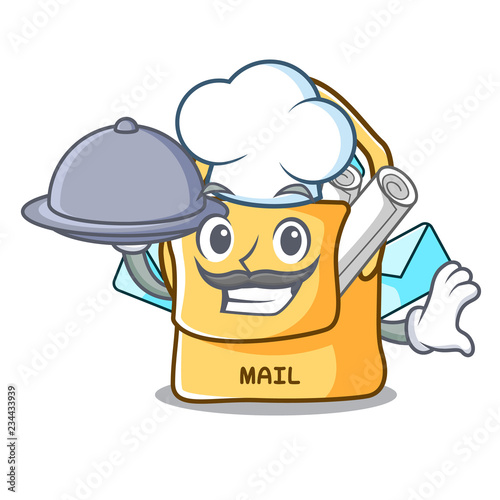 Chef with food mail bag character on table front