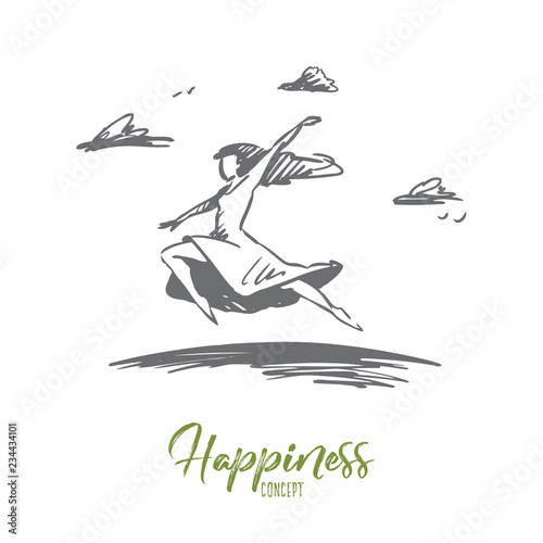 Freedom, happiness, woman, fly, love concept. Hand drawn isolated vector.