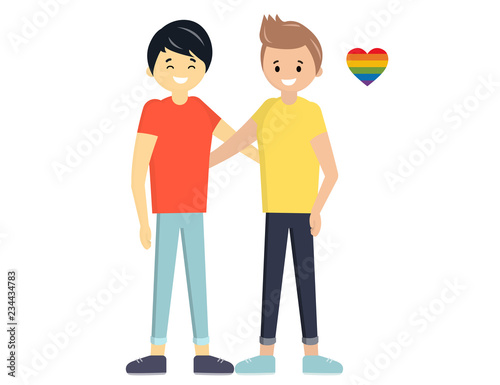 International gay couple. Flat style vector illustration. Homosexual spouses. Asian. LGBT community people.