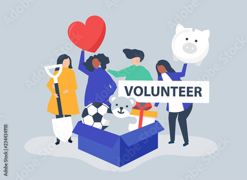 People volunteering and donating money and items  to a charitable cause