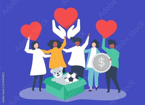 People volunteering and donating money and items  to a charitable cause