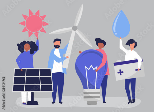 Characters of people holding green energy icons