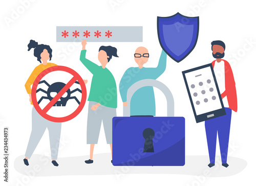 Illustration of people with privacy and security icons