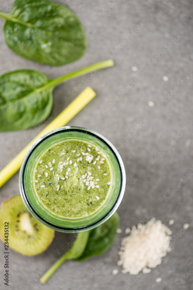 Top view of nutritious organic green smoothie in glass Top view of nutritious organic green smoothie in glass