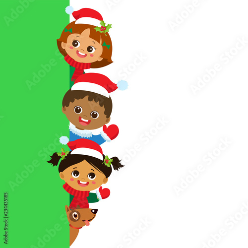Children And Greeting Christmas And New Year Banner, Multicultural Kids In Christmas Costume Characters Celebrate, Cute Little Christmas Children's Collection, Happy New Year, Vector. © kotjarko