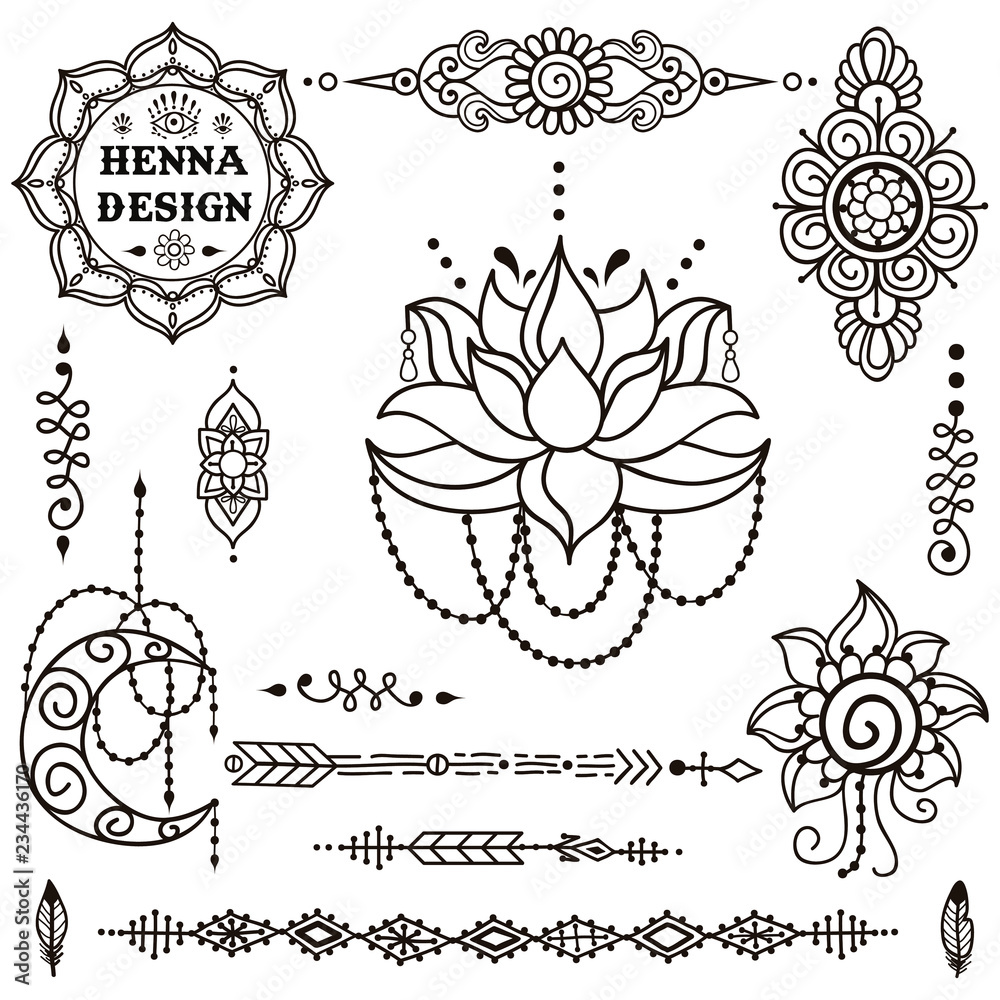 Vector set of henna tattoo. Mehndi ornaments. Hand drawn henna elements,  such as flower, lotus, mandala, tribal elements, crescent moon, and others.  Doodle collection Stock Vector | Adobe Stock