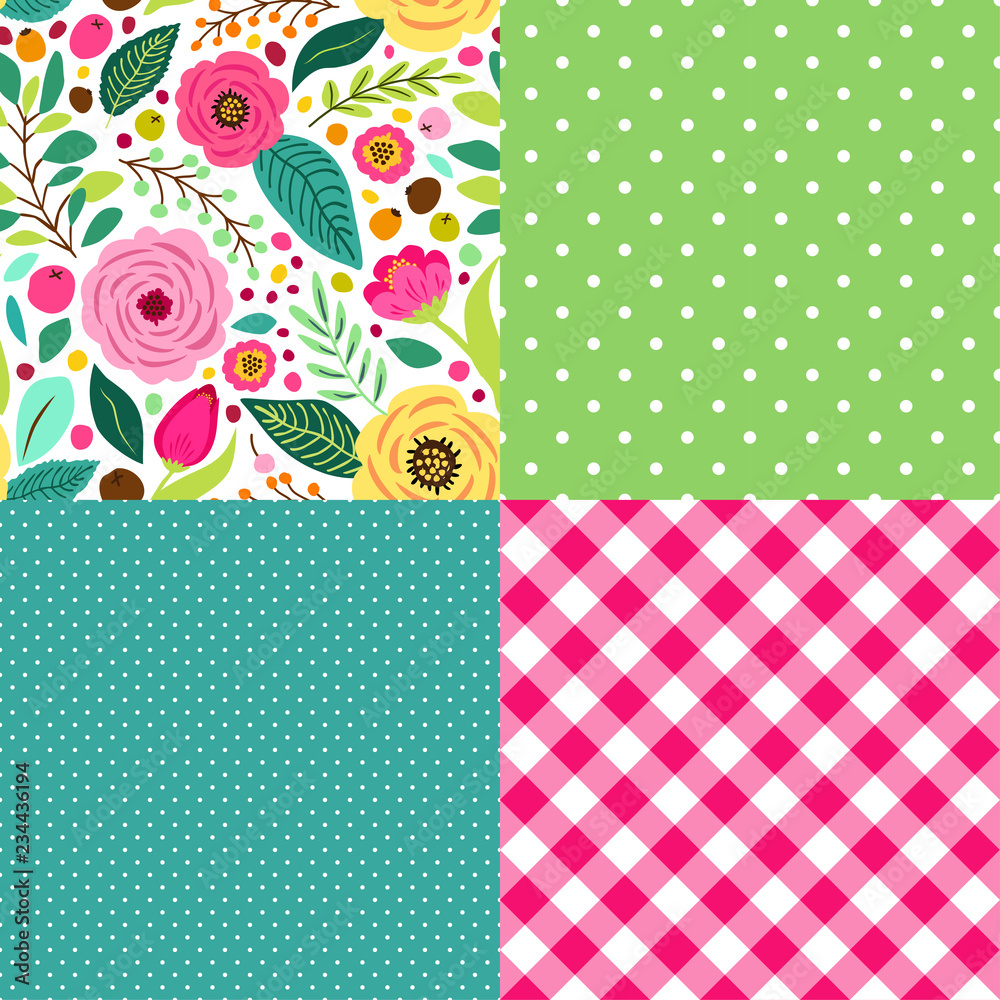 Cute retro set of seamless patterns with hand drawn rustic flowers